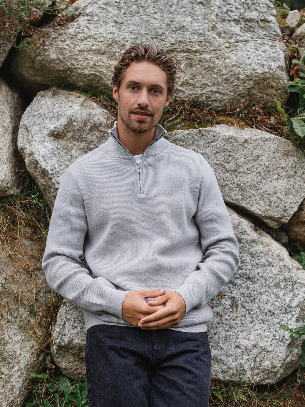 Light Grey Rib Half Zip Sweater