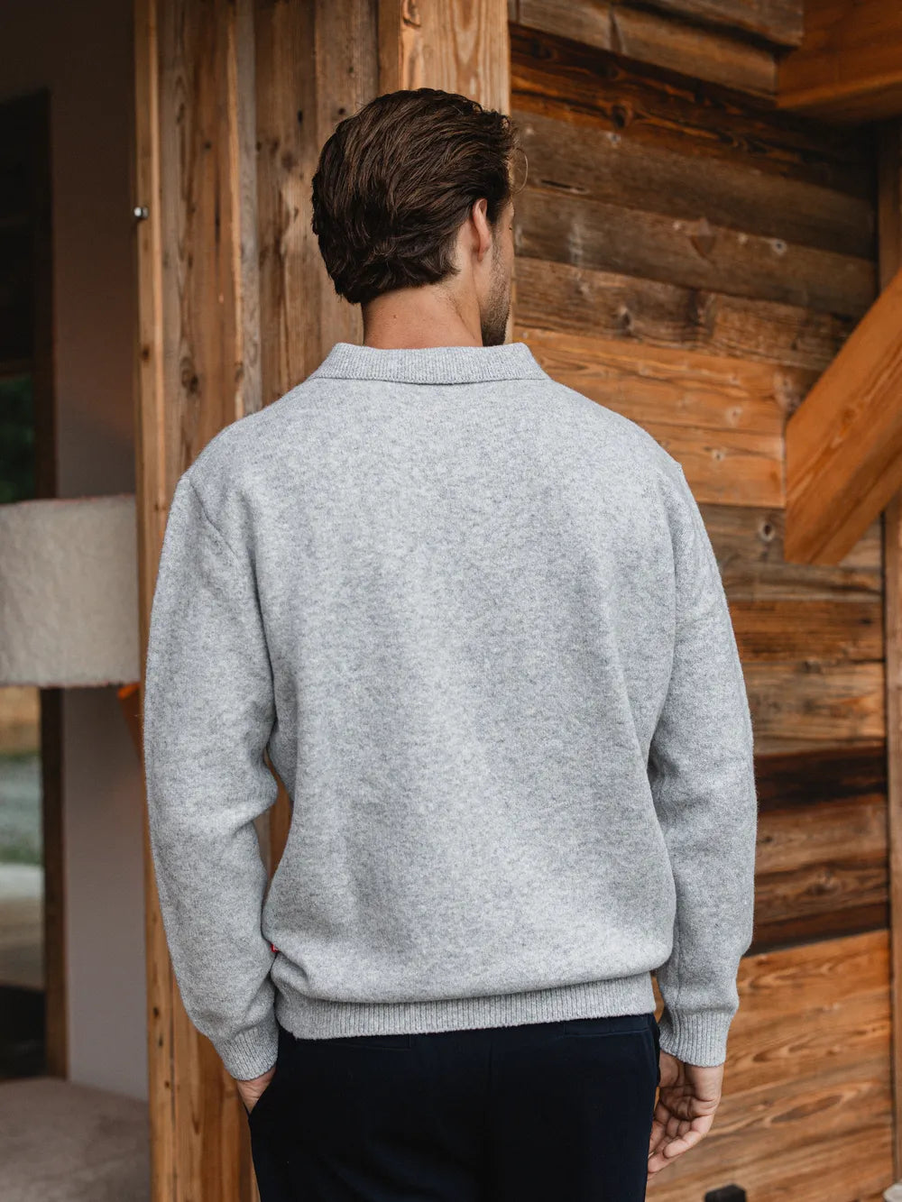 Grey Knit V-Neck Polo
