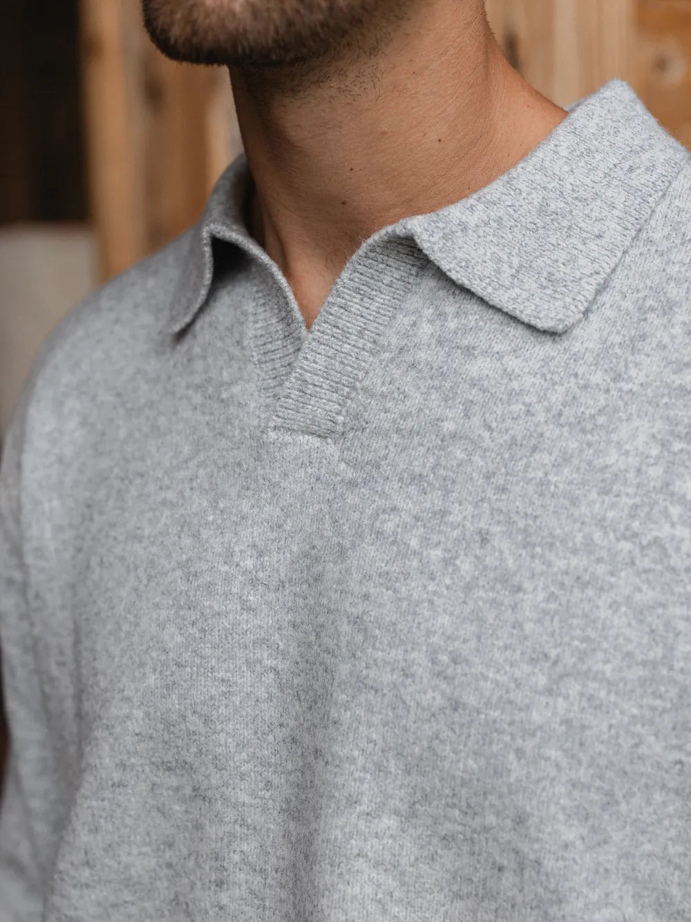 Grey Knit V-Neck Polo