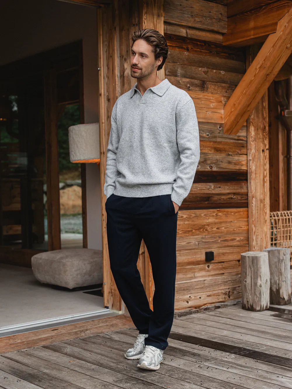 Grey Knit V-Neck Polo