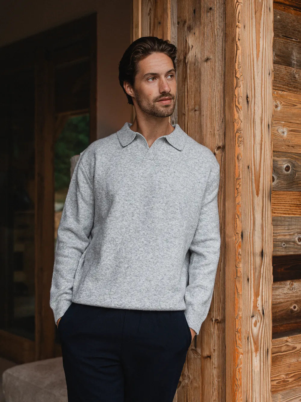 Grey Knit V-Neck Polo
