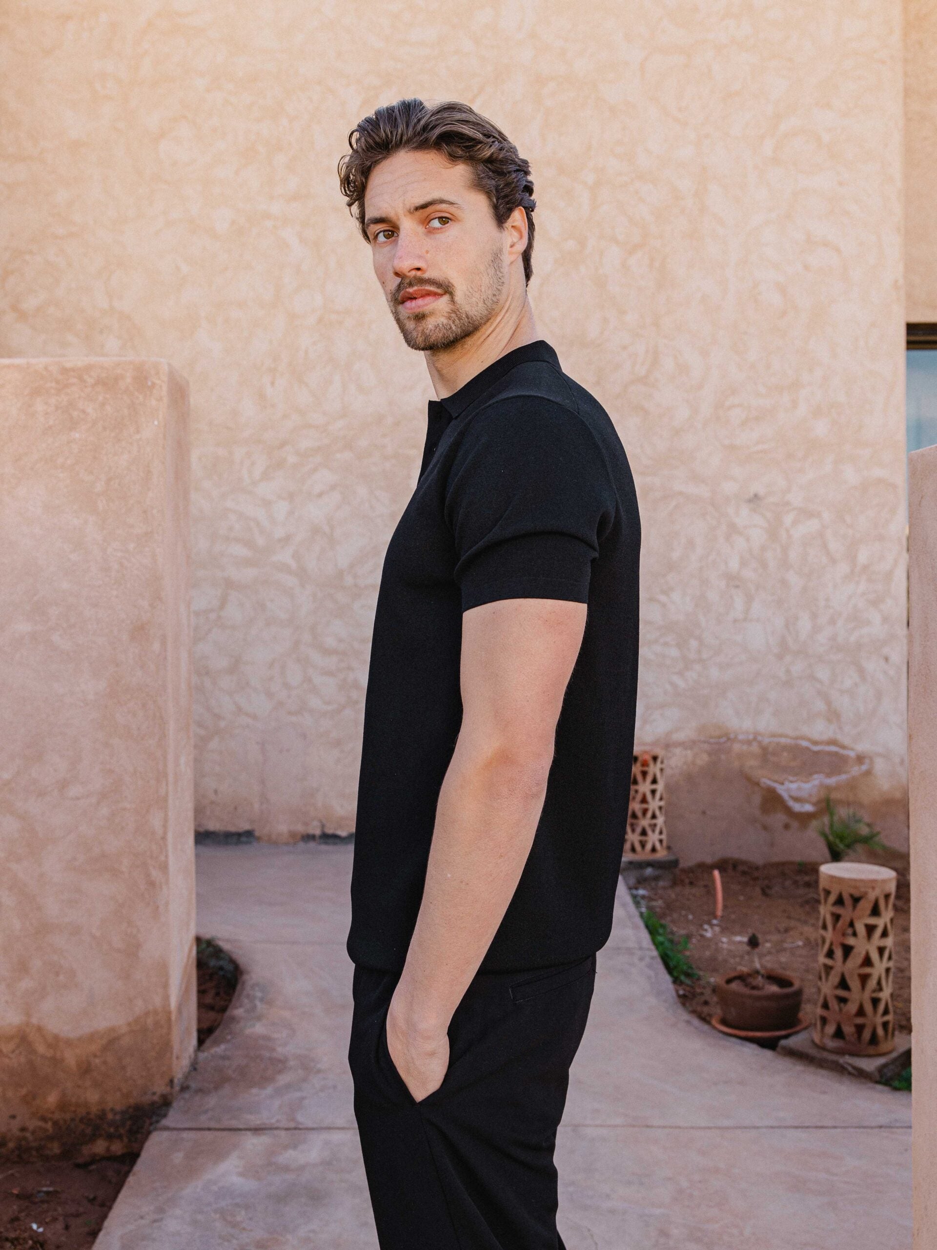 Black Knit Button Polo