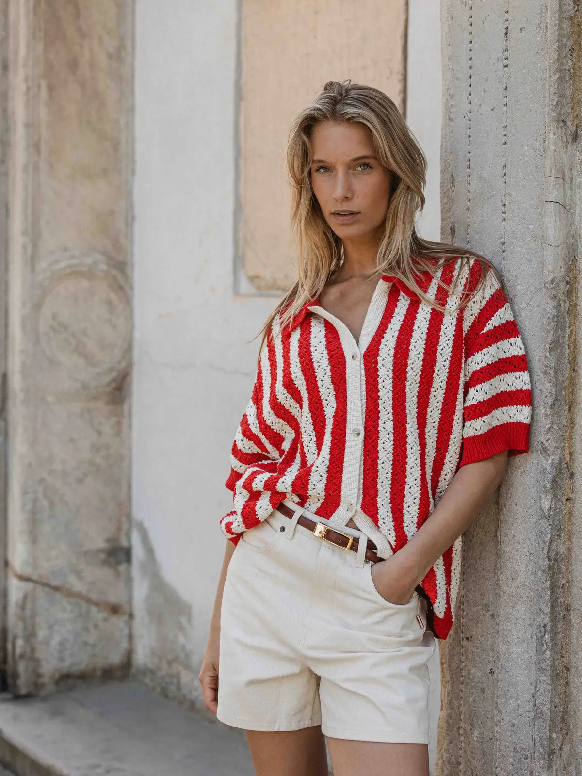 Red/White Crochet Polo