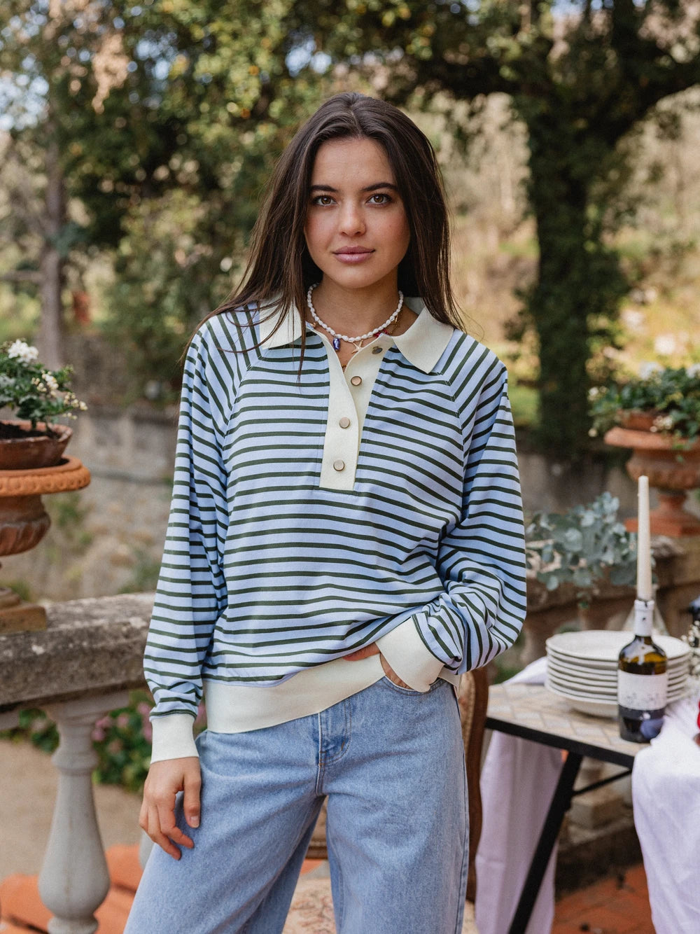 Light Blue Striped Oversized Polo