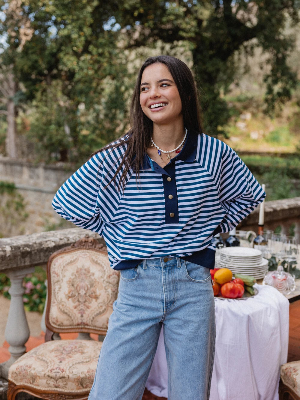 Navy Striped Oversized Polo