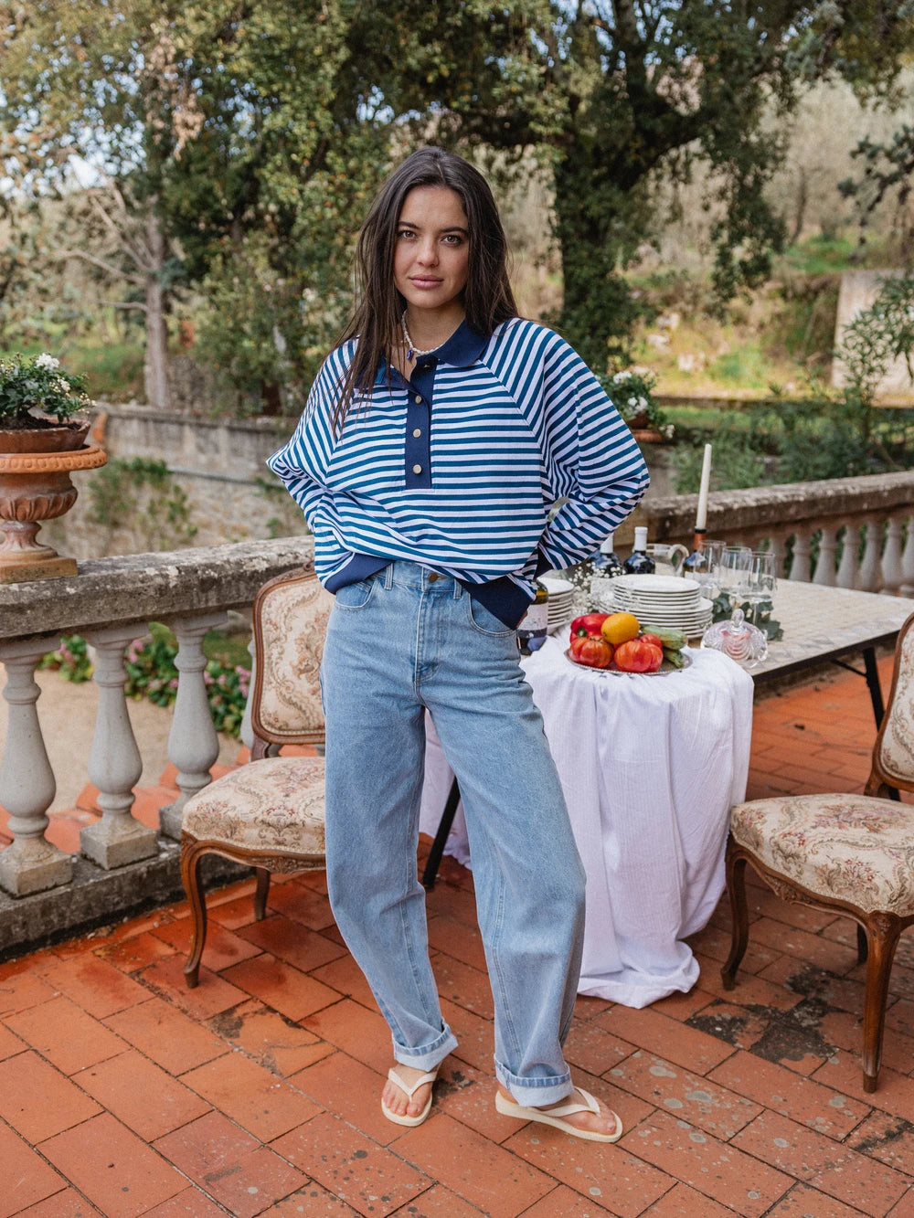 Navy Striped Oversized Polo