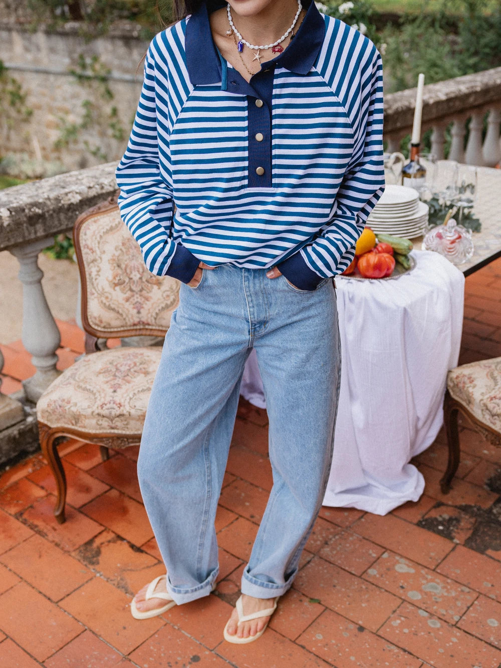 Navy Striped Oversized Polo