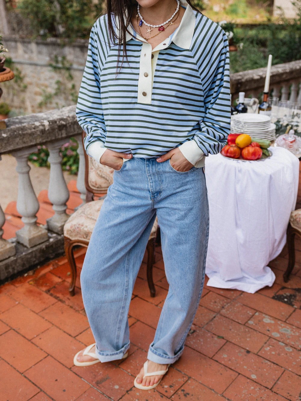 Light Blue Striped Oversized Polo