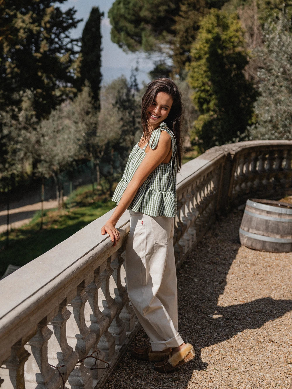 Grünes Gingham-Rüschen-Top