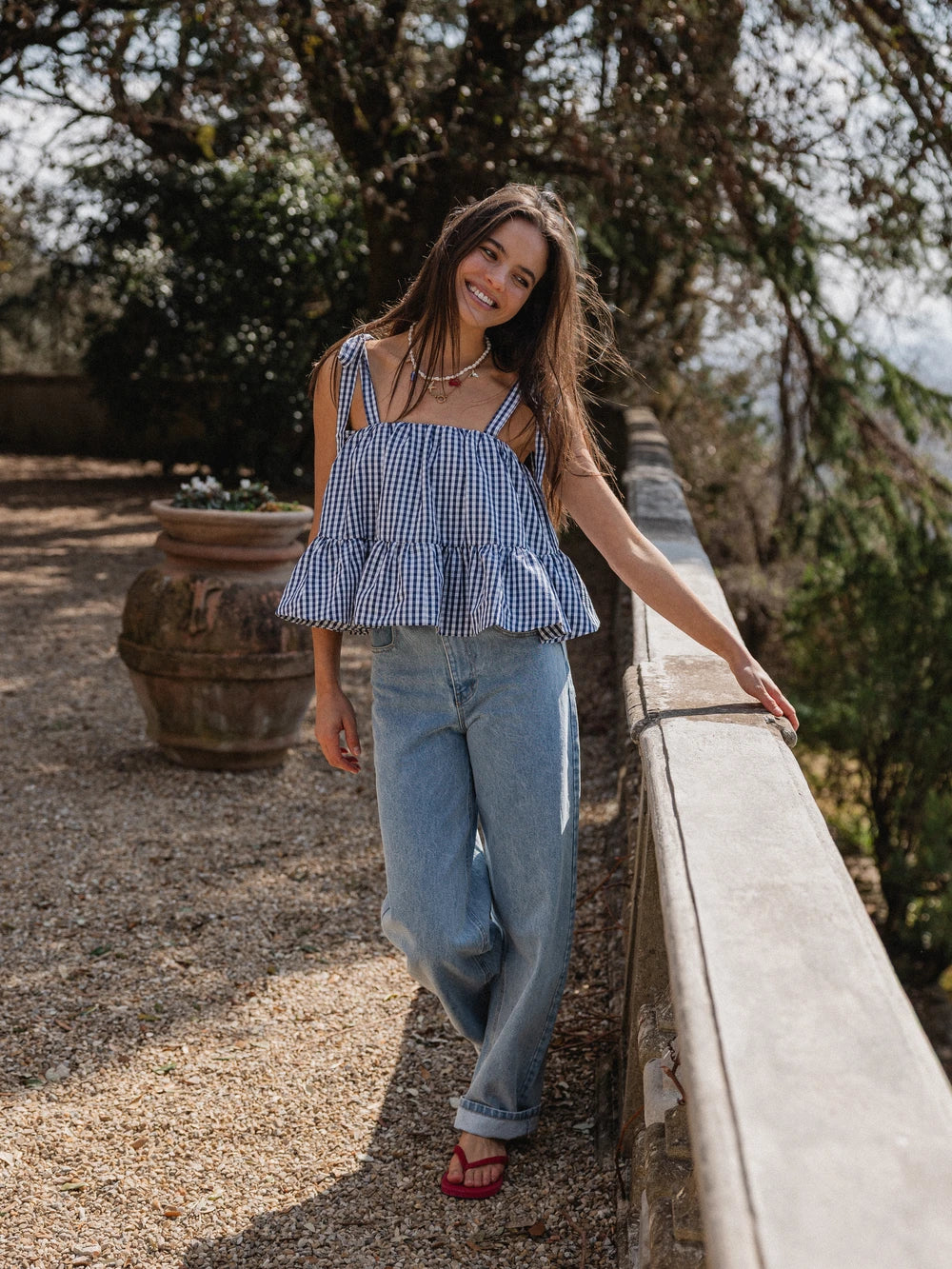 Navy Gingham Ruches Top