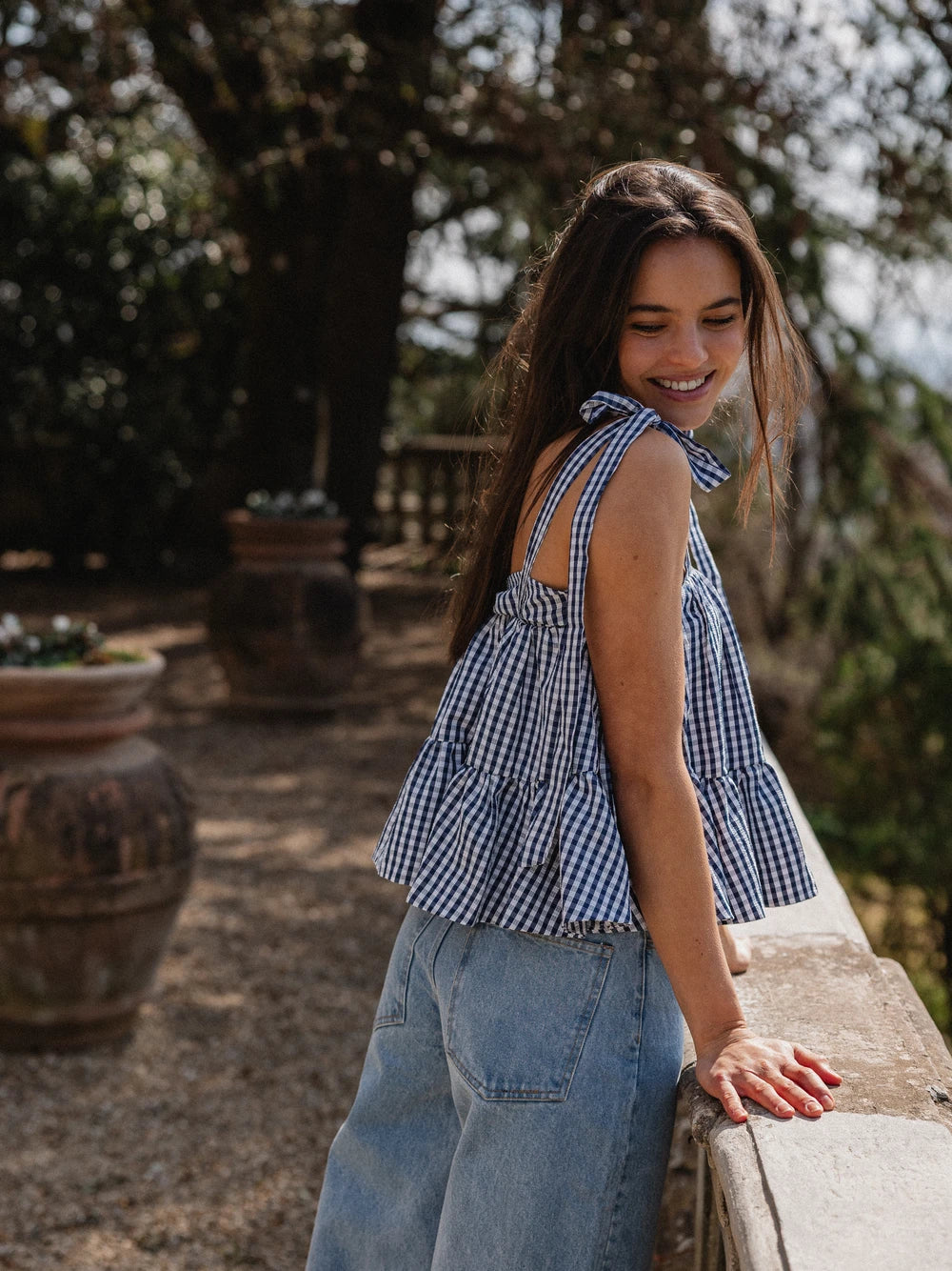 Navy Gingham Ruches Top