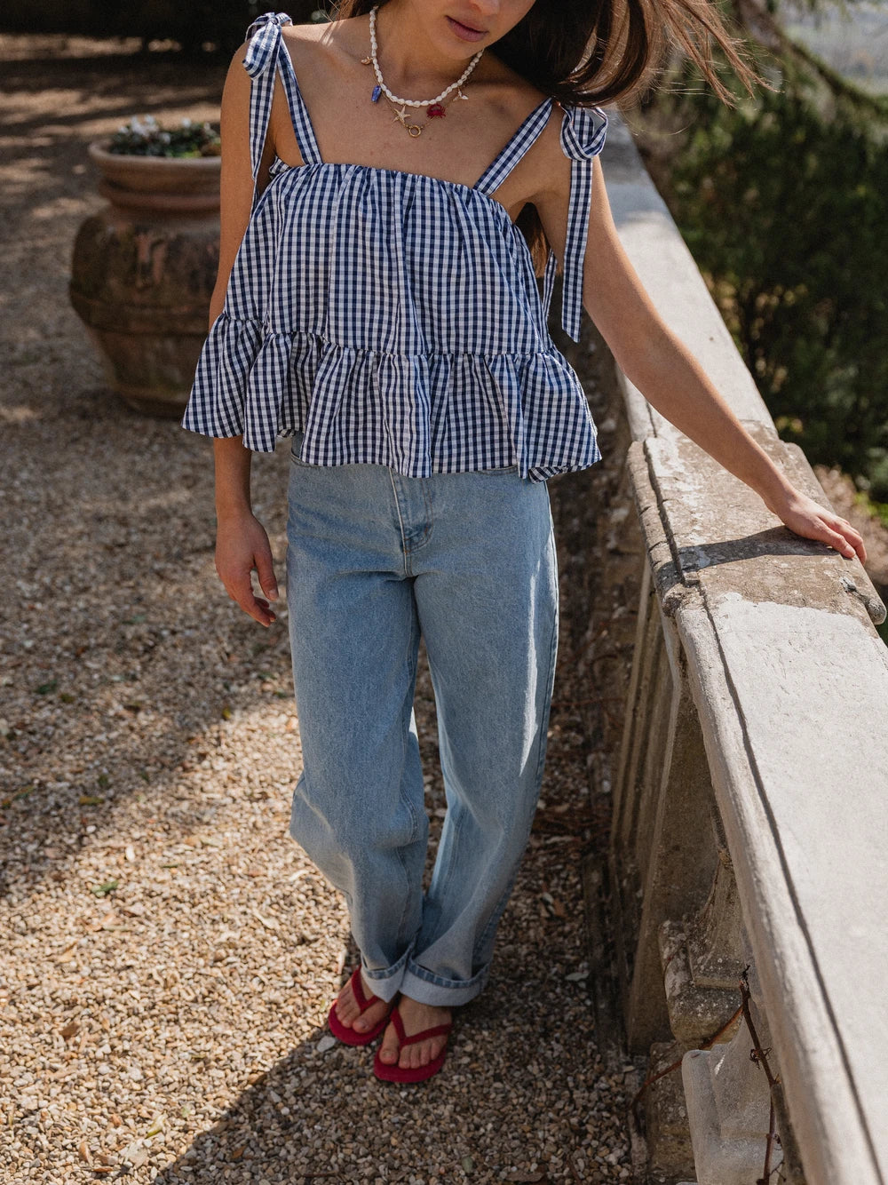 Navy Gingham Ruches Top