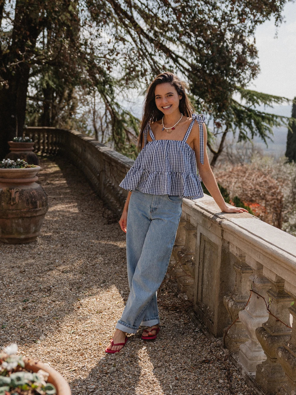 Navy Gingham Ruches Top