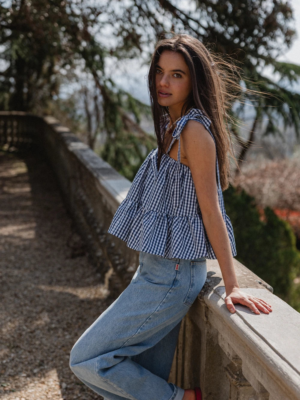 Navy Gingham Ruches Top