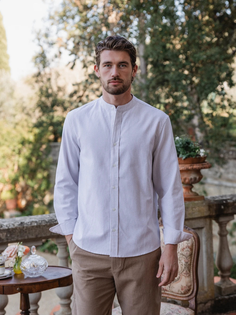 Beige Stripe Henley Shirt