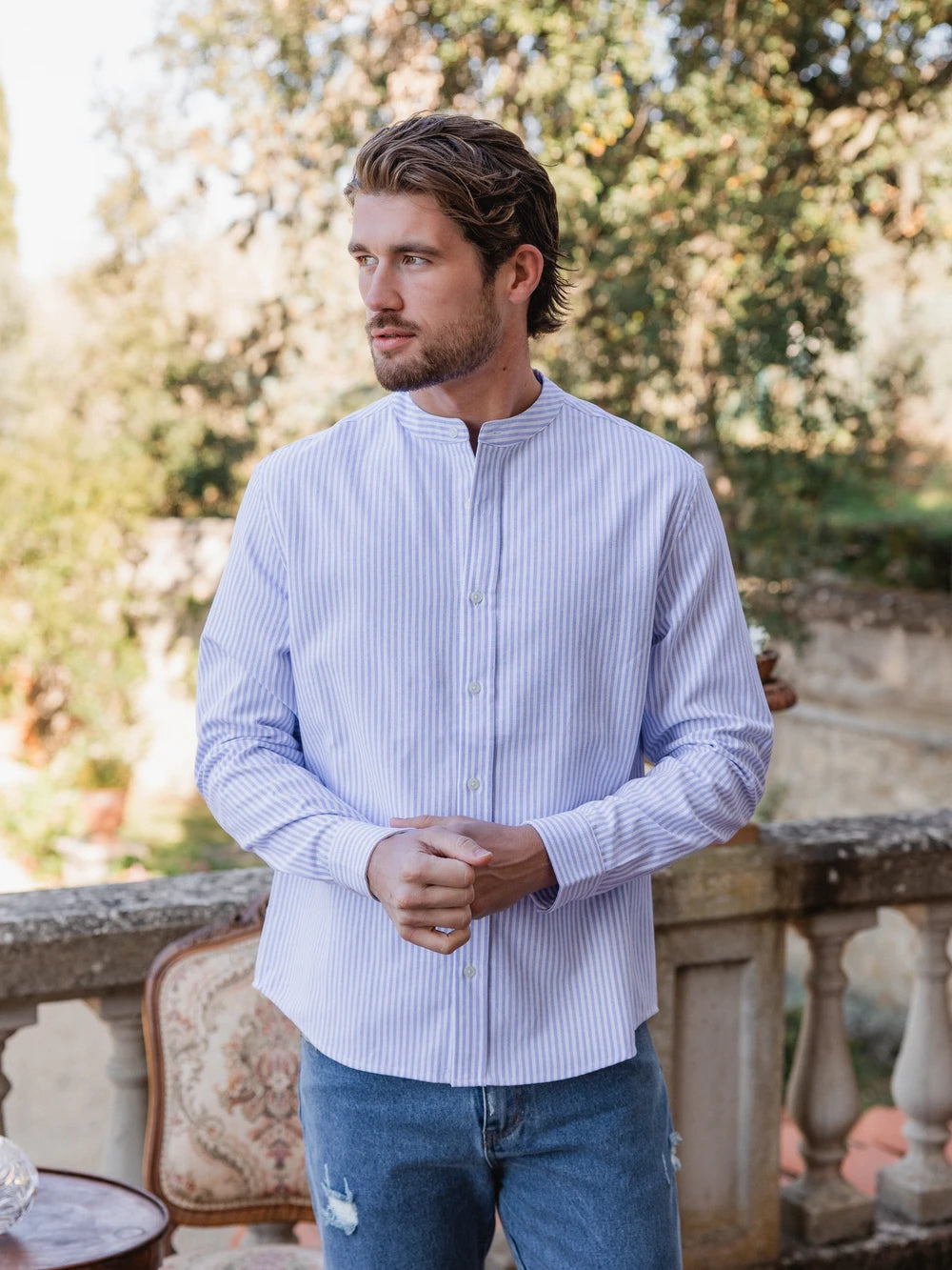 Light Blue Wide Stripe Henley Shirt