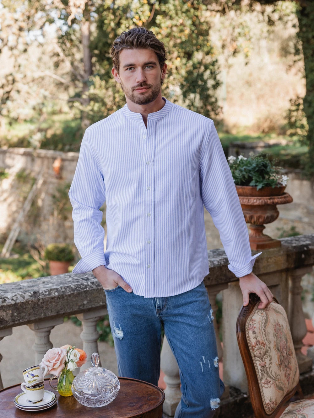 Light Blue Wide Stripe Henley Shirt