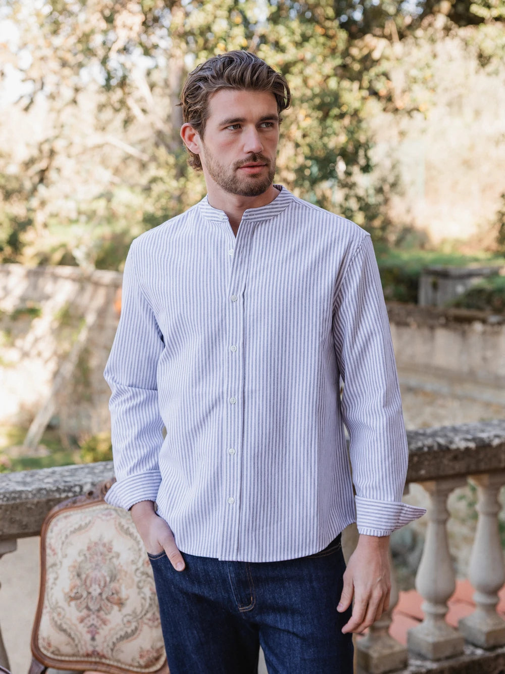 Black Wide Stripe Henley Shirt