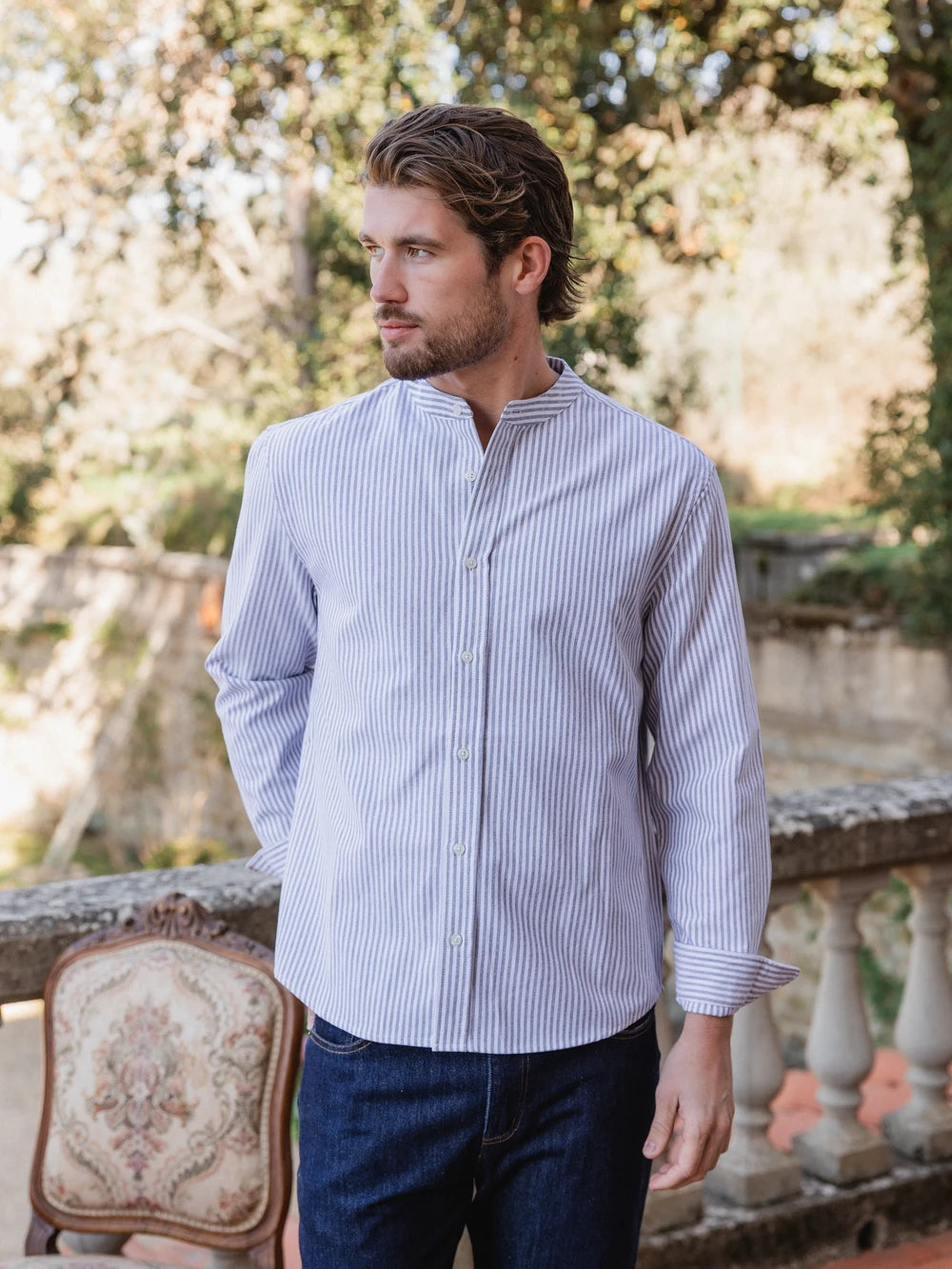 Black Wide Stripe Henley Shirt