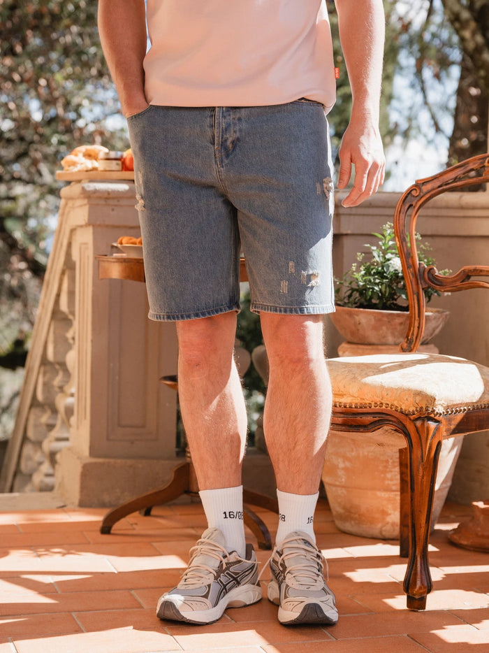 New Washed Blue Damaged Denim Short
