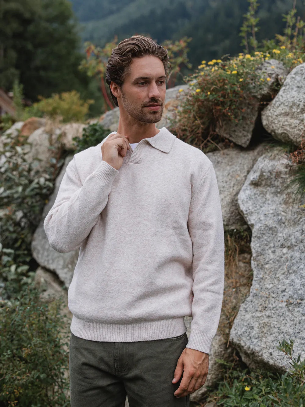 Beige Knit V-Neck Polo