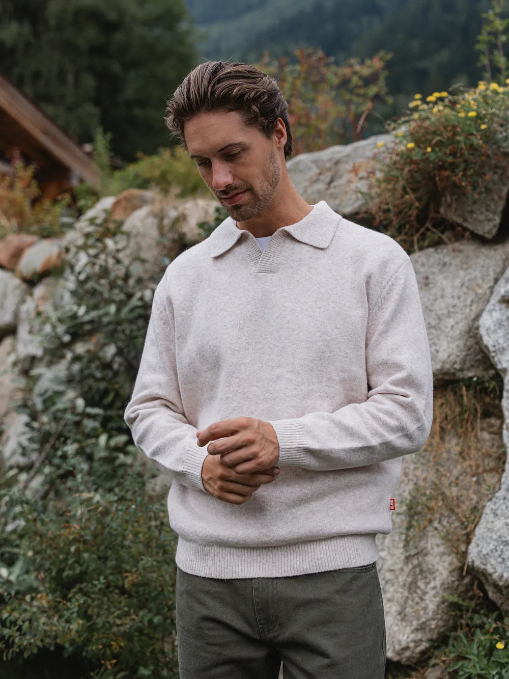 Beige Knit V-Neck Polo