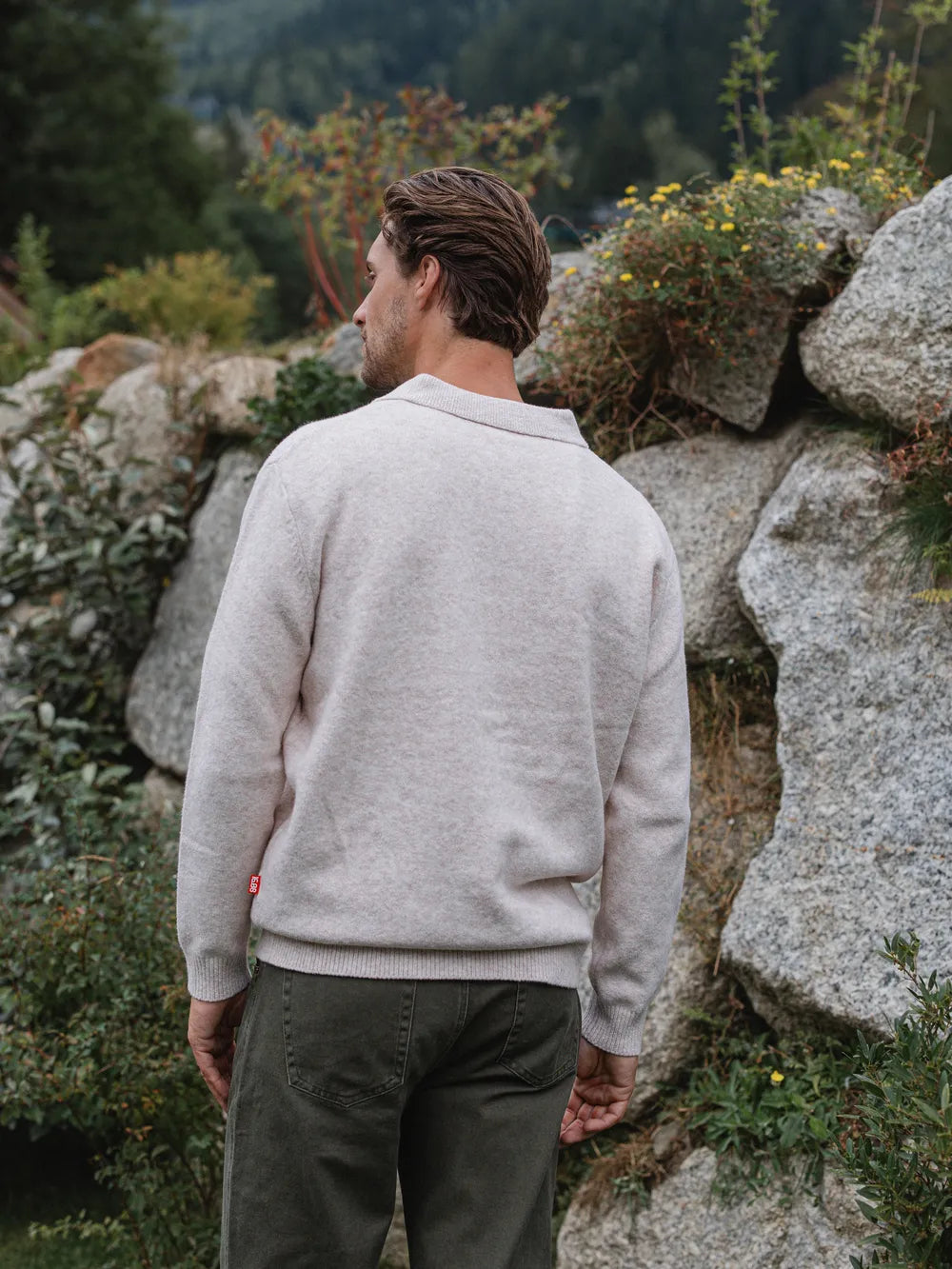 Beige Knit V-Neck Polo
