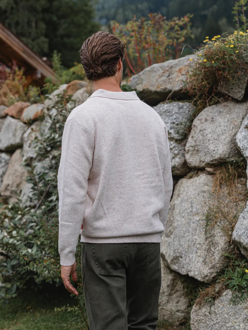 Beige Knit V-Neck Polo