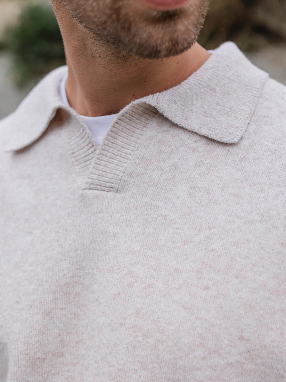 Beige Knit V-Neck Polo