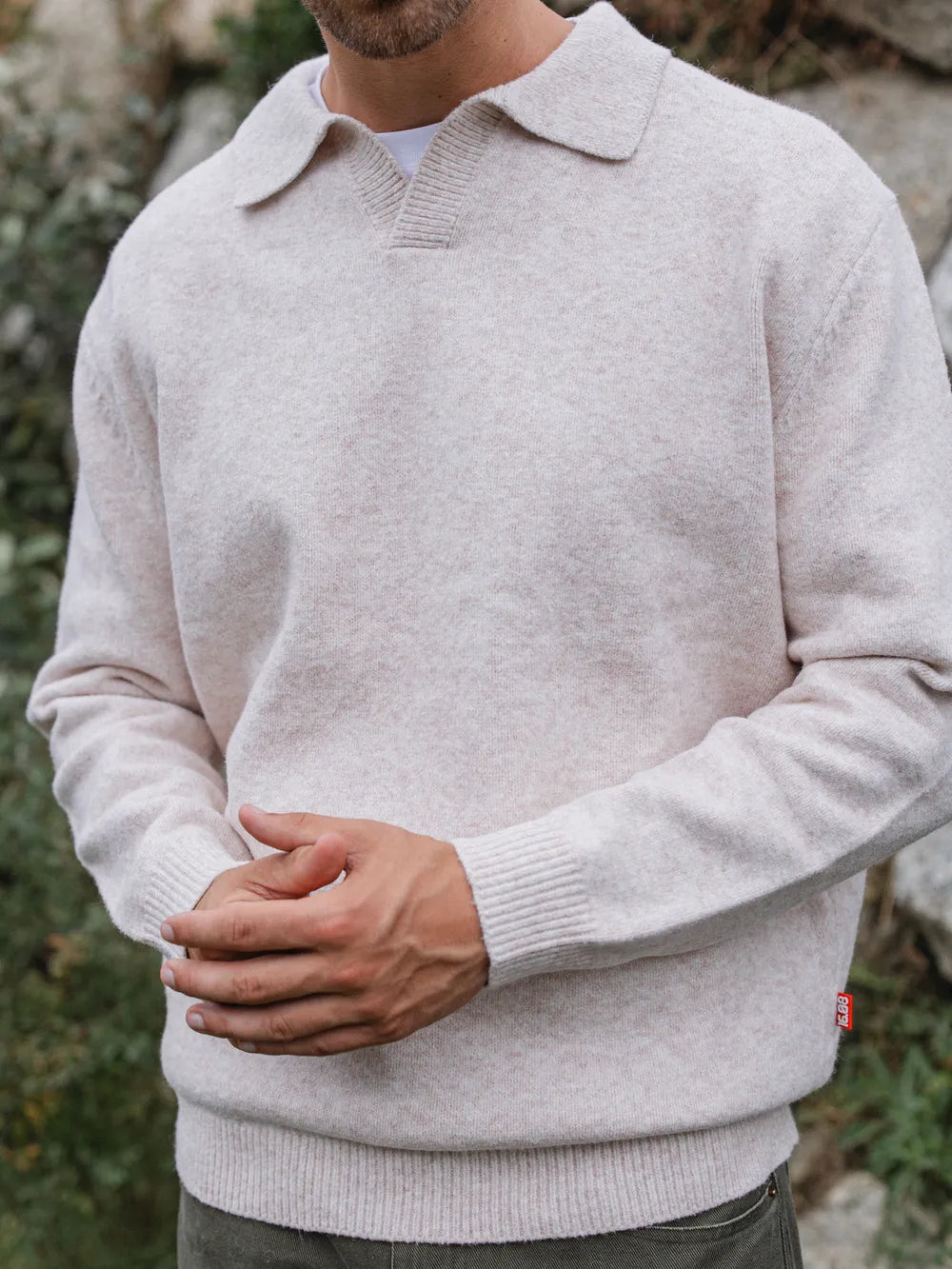 Beige Knit V-Neck Polo