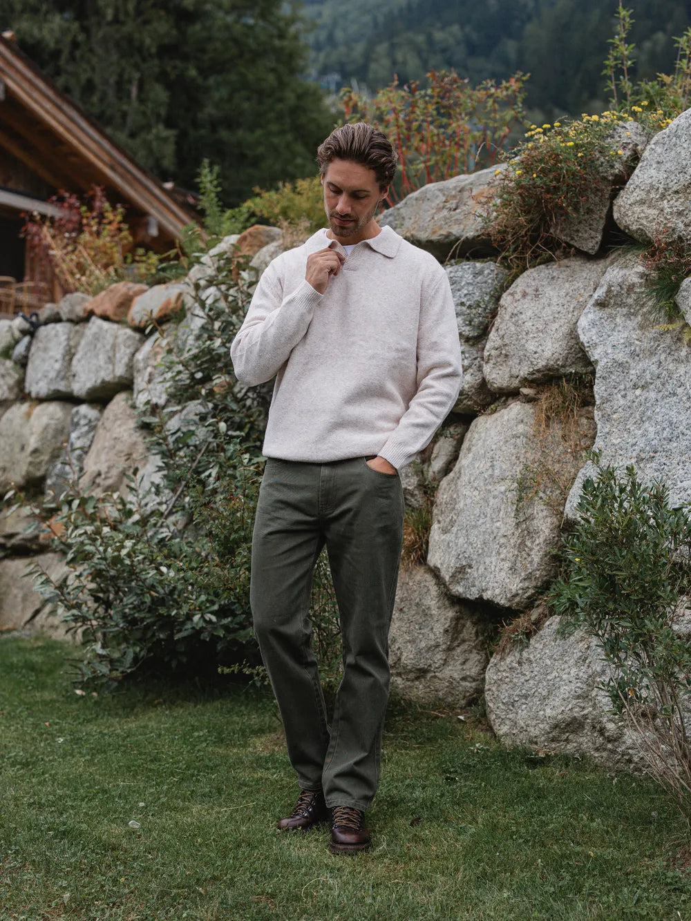 Beige Knit V-Neck Polo
