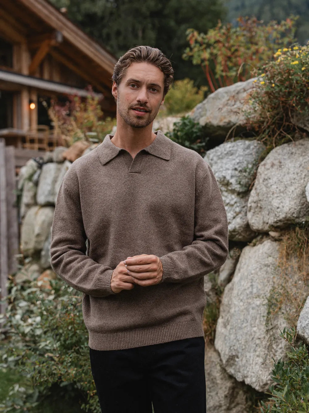 Brown Knit V-Neck Polo
