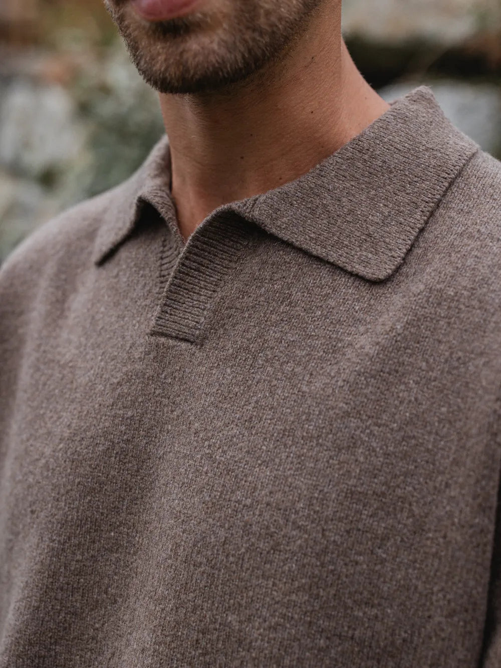 Brown Knit V-Neck Polo
