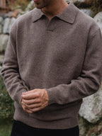 Brown Knit V-Neck Polo