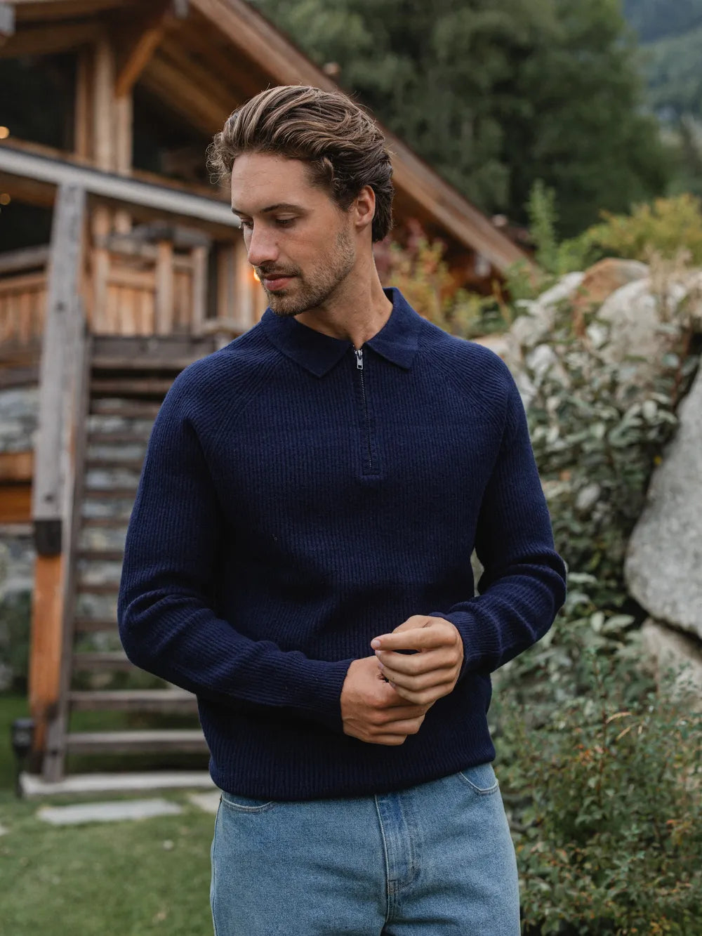 Navy Knit Oversized Polo Sweater