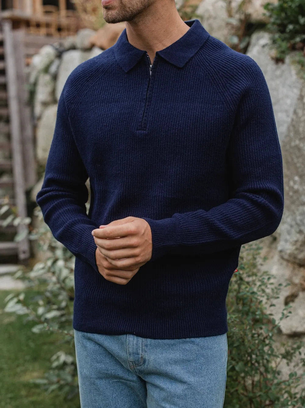 Navy Knit Oversized Polo Sweater