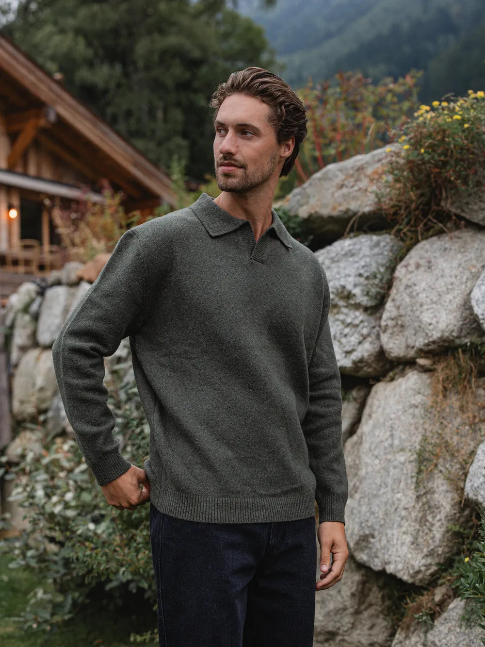 Green Knit V-Neck Polo