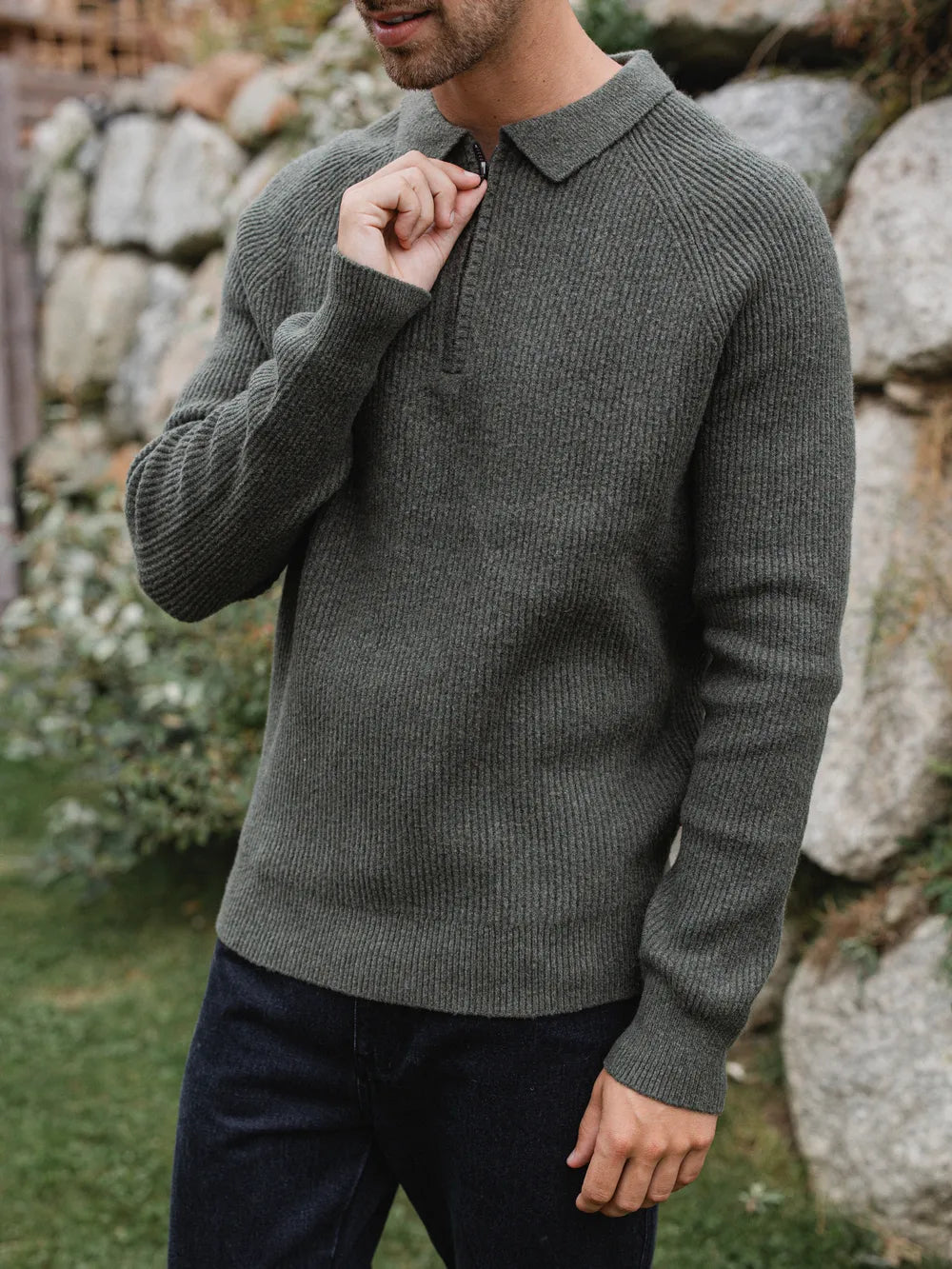 Green Knit Oversized Polo Sweater