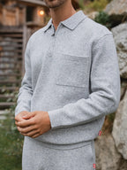 Graues Strick-Polohemd mit Tasche