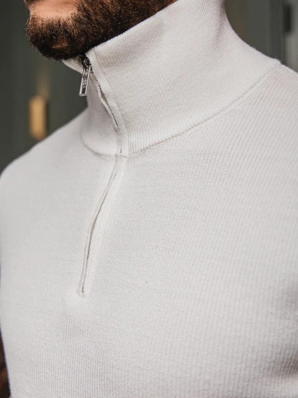 Off White Rib Half Zip Sweater