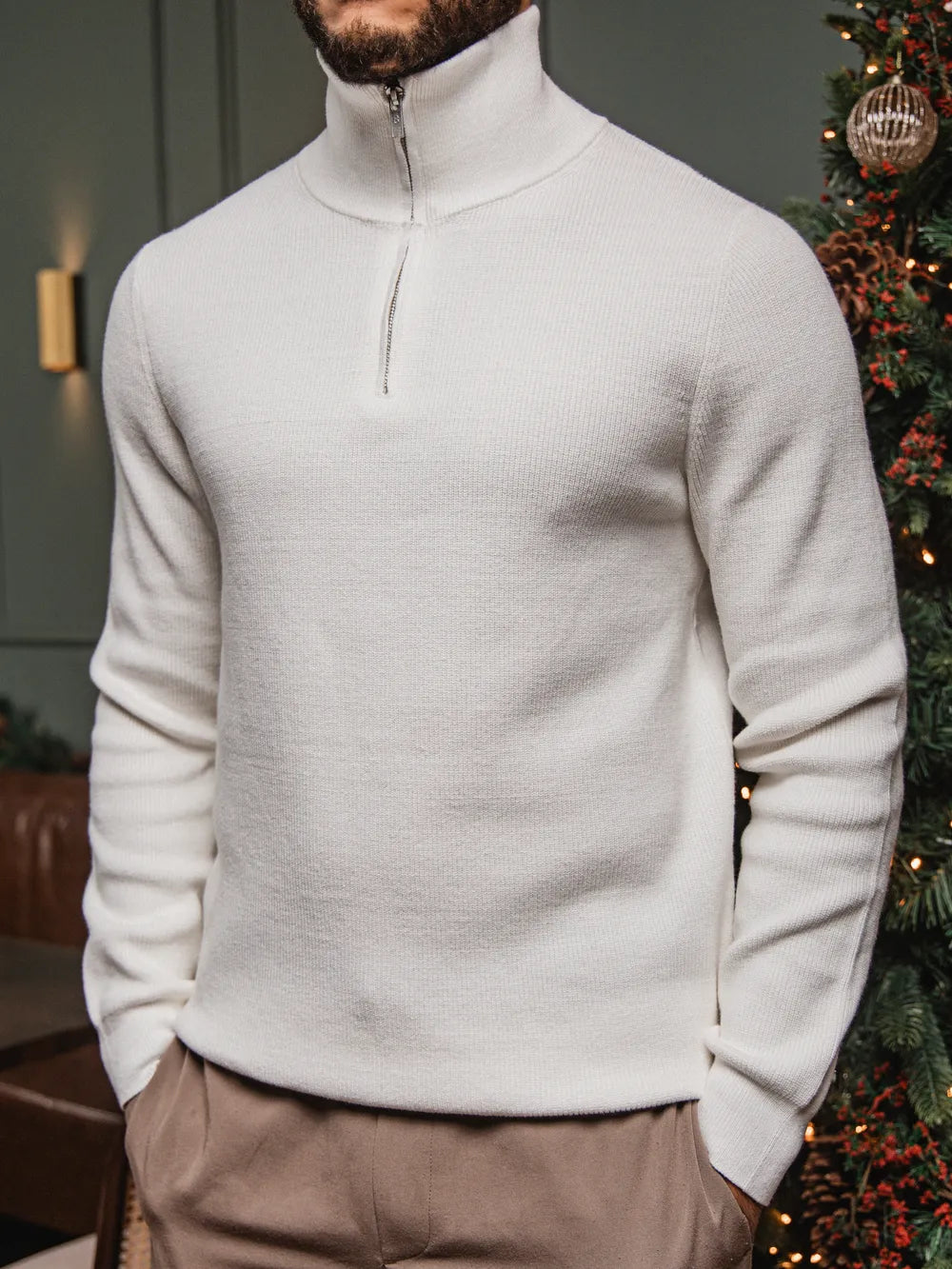 Off White Rib Half Zip Sweater