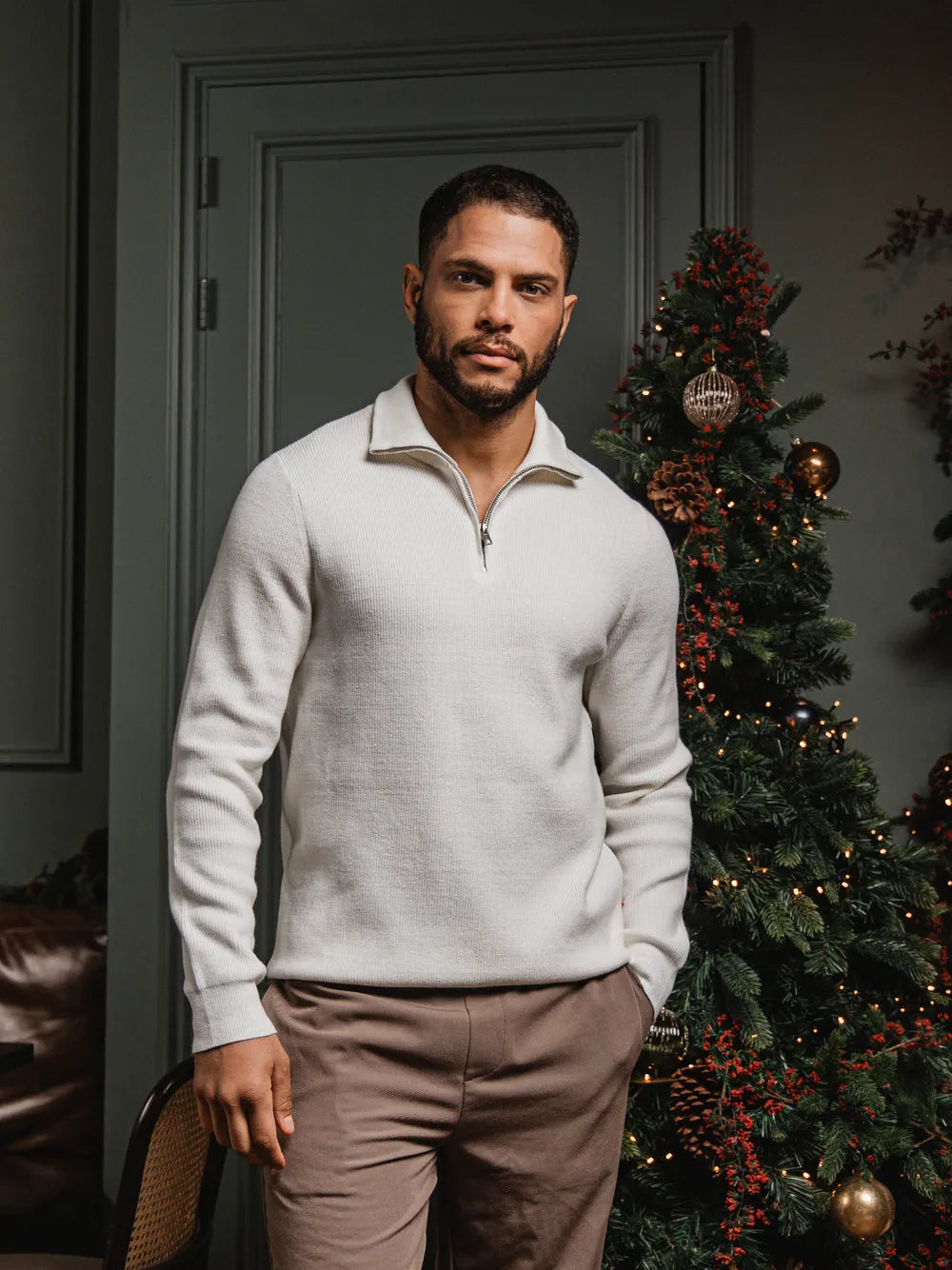 Off White Rib Half Zip Sweater