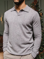 Grau melierter Wollpullover mit V-Ausschnitt