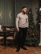 Beige Melange Wool V-Neck