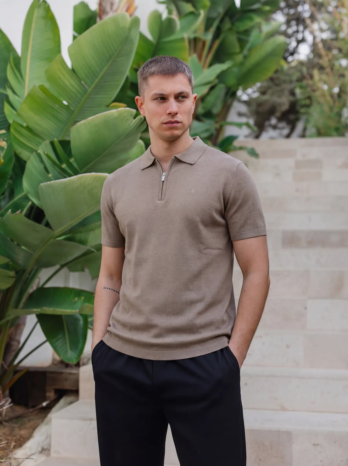 Brown Knit Polo Zipper