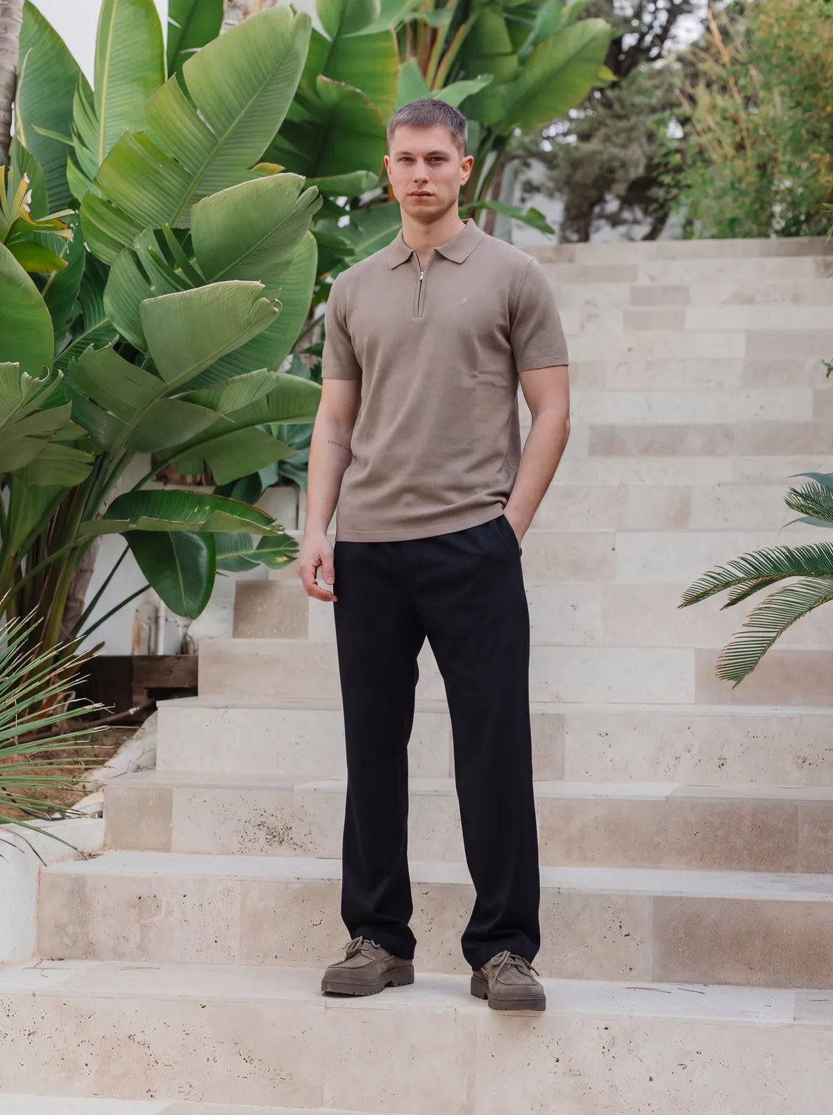 Brown Knit Polo Zipper