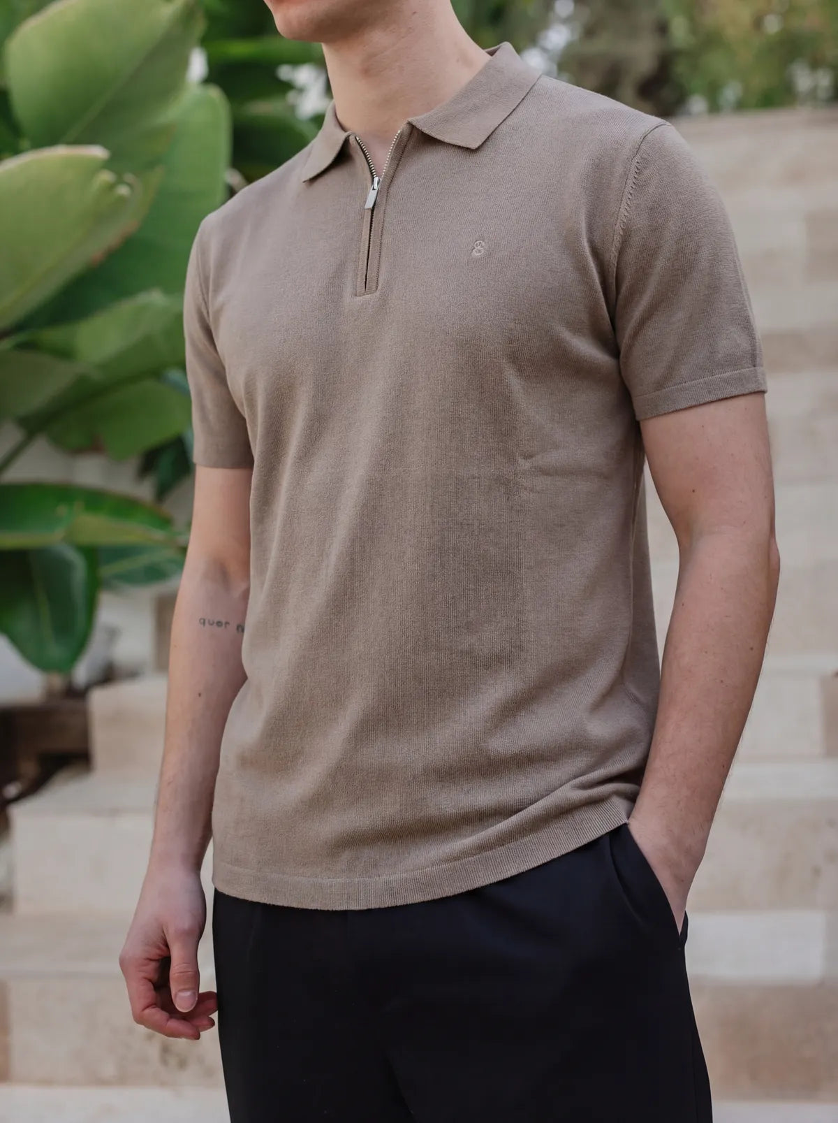 Brown Knit Polo Zipper