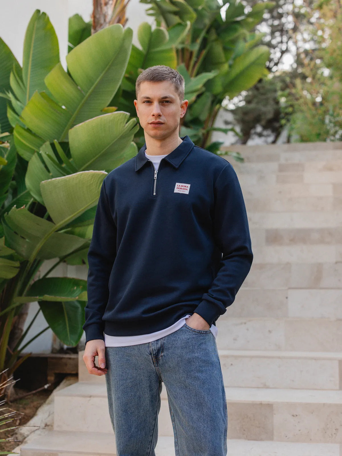 Navy Label Half Zip Polo Sweater