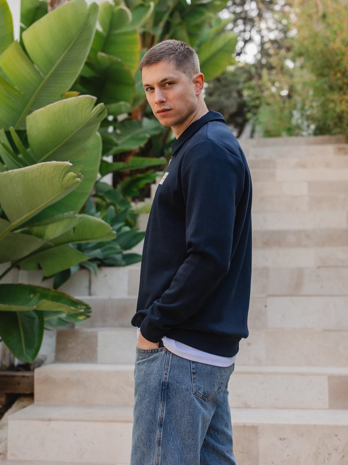 Navy Label Half Zip Polo Sweater