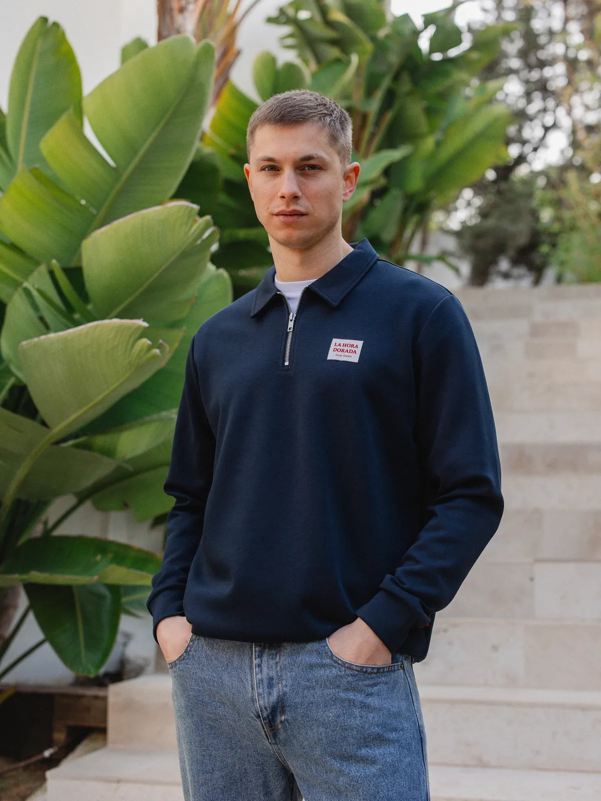 Navy Label Half Zip Polo Sweater